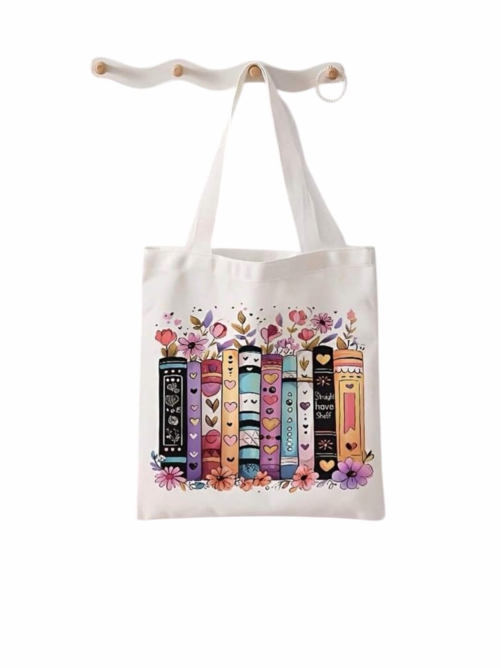 White Printed Tote Bag with Colorful Books and Floral Designs NEW